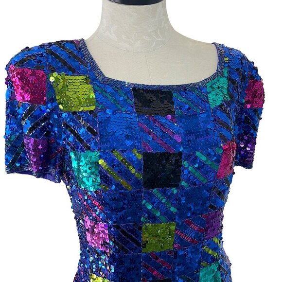 A J Bari Vintage Womens Dress Size 10 Blue Mini Sequin Beaded Checked Pure Silk - Picture 3 of 9